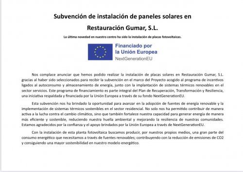 Subvención de instalación de paneles solares en Restauración Gumar, S.L.