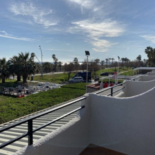 Vista a la playa y paseo marítimo con palmeras desde una terraza del alojamiento