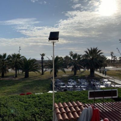 Vista del paseo marítimo con palmeras y la playa al fondo al atardecer